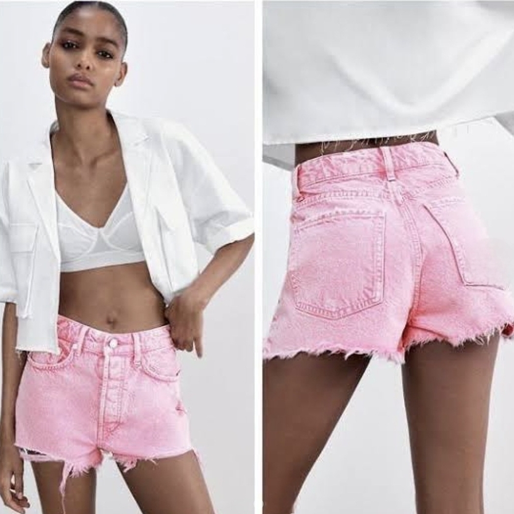 ZARA Pink Distressed High Rise Denim Jean Shorts Button Fly Raw Hem Size